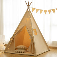 RONGFA cotton canvas kids teepee tent with pompom ball trim, floor mat and star light - view 2