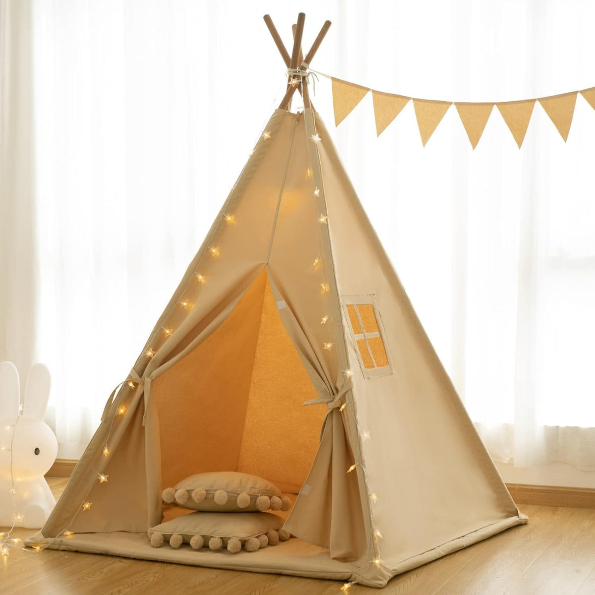 RONGFA cotton canvas kids teepee tent with pompom ball trim, floor mat and star light - view 2