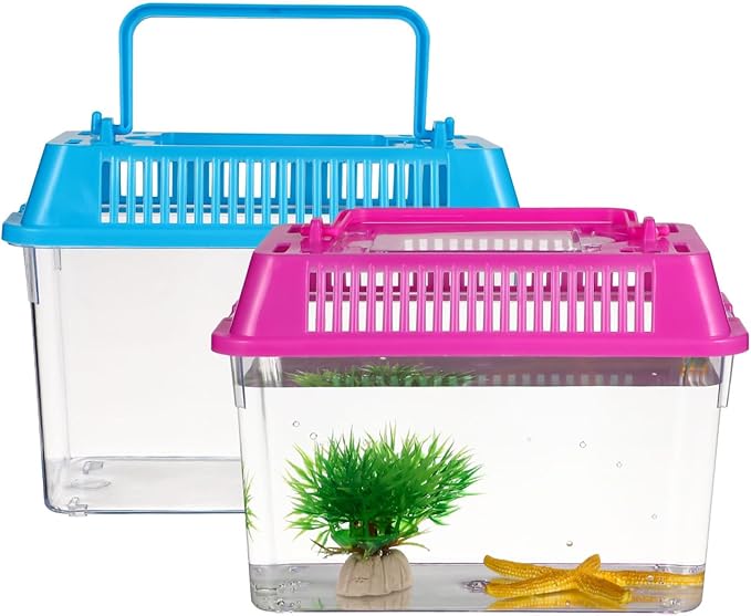 HANABASS Mini Fish Tank with Lid, Handheld Transparent Fish Box, Plastic Small Transparent Aquarium with Handle, Turtle Tortoise Habitat Tank, 5.9x4.3x3.7 Inches