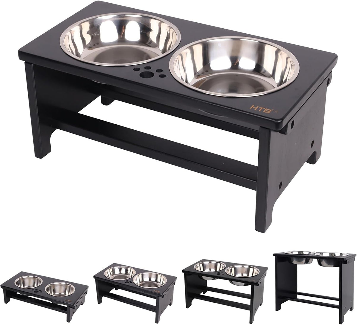 HTB Elevated Dog Bowls,Raised Dog Bowl Stand with 2 Stainless Steel Bowls,Elevated Raised Dog Bowls - medium-7"tall,29 Oz bowl / Black