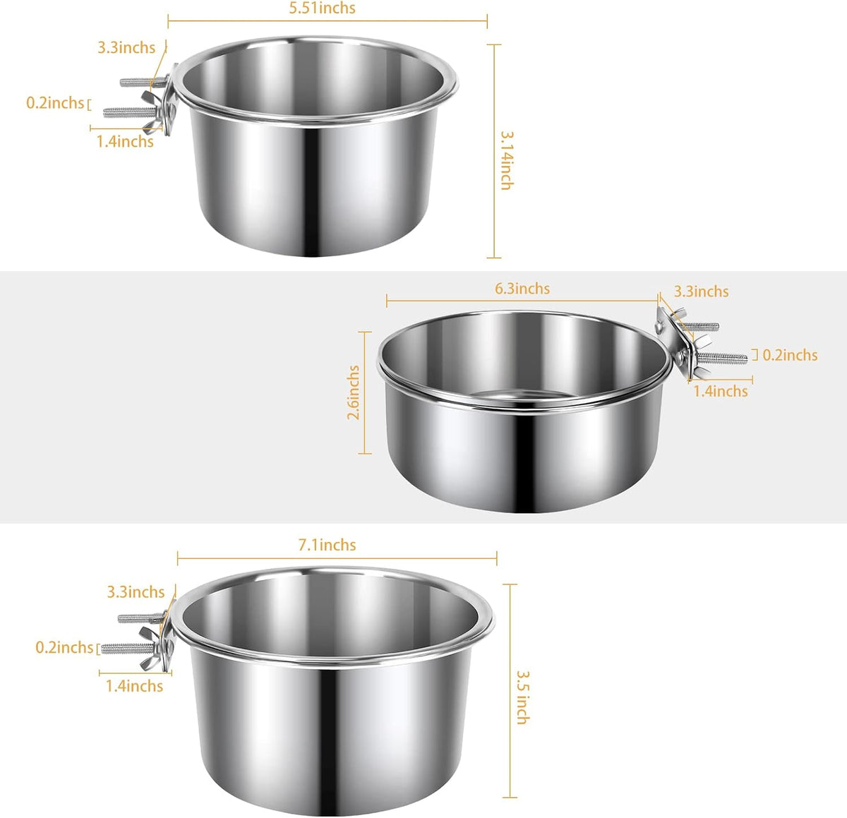 2 Pcs Stainless Steel Small Dog Crate Food Water Bowl - L (77 & 45 & 41 OZ) / Silver - image 2