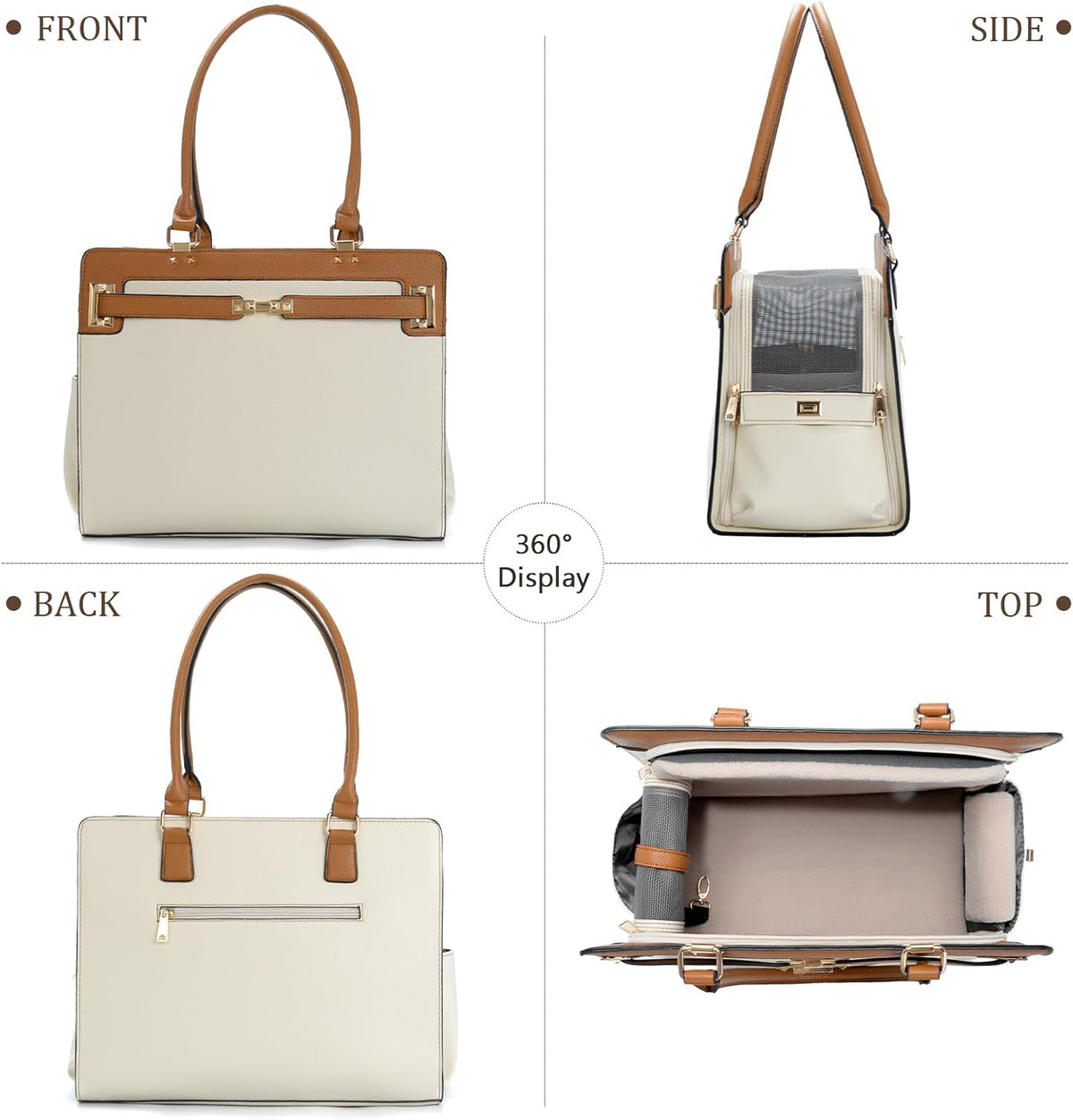 2-in-1 Stylish Dog Purse Carrier Travel Tote Bag for Small Dogs Cats - Beige+Brown / 15" L x 7.5" W x 12.2" H - image 4