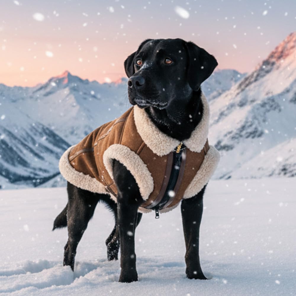 Retro Aviator Dog Jacket – Faux Leather Winter Coat with Plush Sherpa Fleece Lining for Bulldog - Coffee / XX-Large - image 3