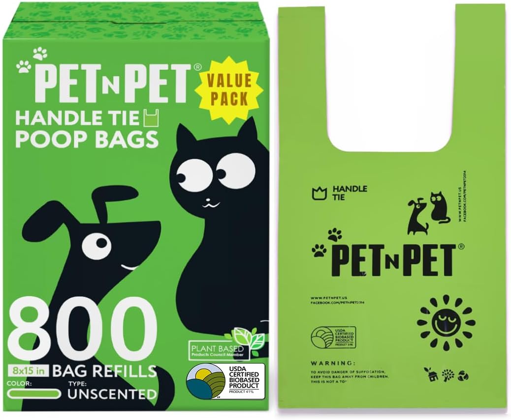 Pet N Pet Poop Bags for Dogs, Unscented, Tie Handles Thick - 800 Count (Pack of 1) / 800 Unscented with Handle