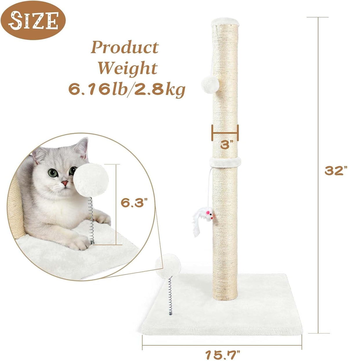 ANWA 32" Tall Sisal Cat Scratching Posts Tree for Indoor Cats Adults - Basic Cat Post Cream White - image 2