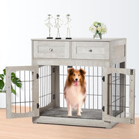 Dog Crate Furniture for Large Dogs, Wooden Dog Kennel Indoor with Double Doors, Dog Cage with Cushion & Drawers, Dog House Side End Table for Large Medium Dogs up to 70 lb, 39.4” L, Grey