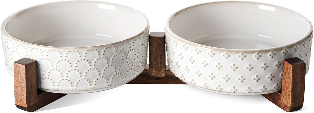 LE TAUCI Dog Bowl Set with Acacia Wood Stand - Fireworks+Clover / S-1.8 Cup