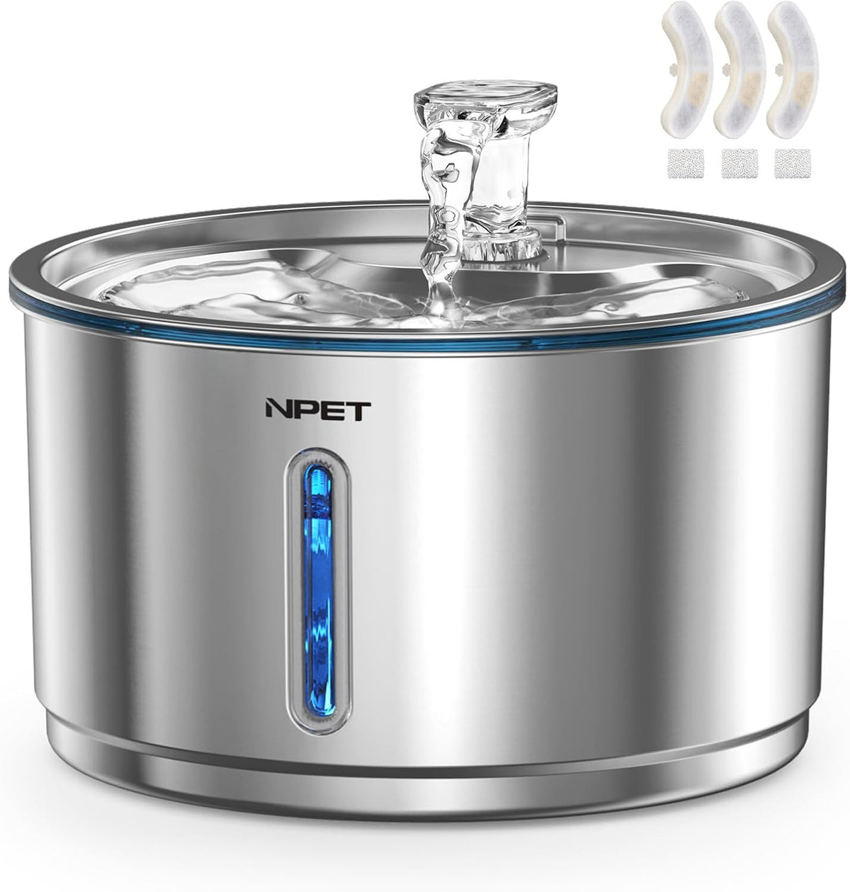 NPET Cat Water Fountain Stainless Steel 1Gal/135oz Automatic Pet - Fountain +3 Filters +3 Sponges