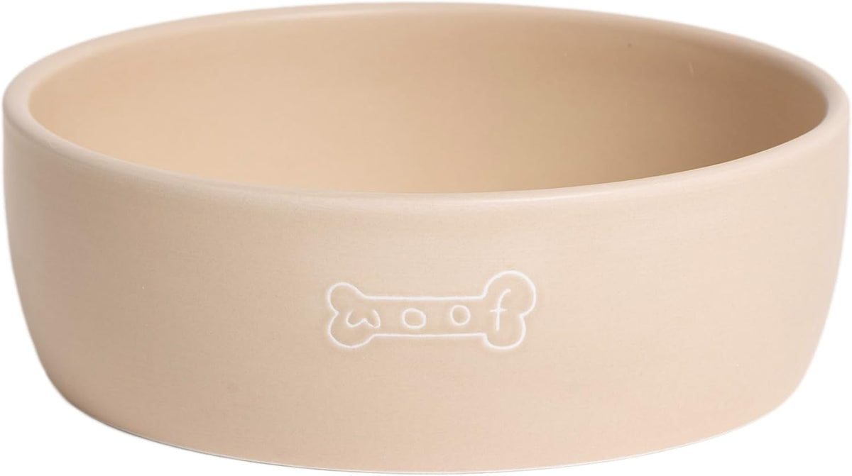 Pearhead Ceramic Dog Bowl, Woof Speckled Pet Food & Water Dish - Taupe Woof Bowl / Medium