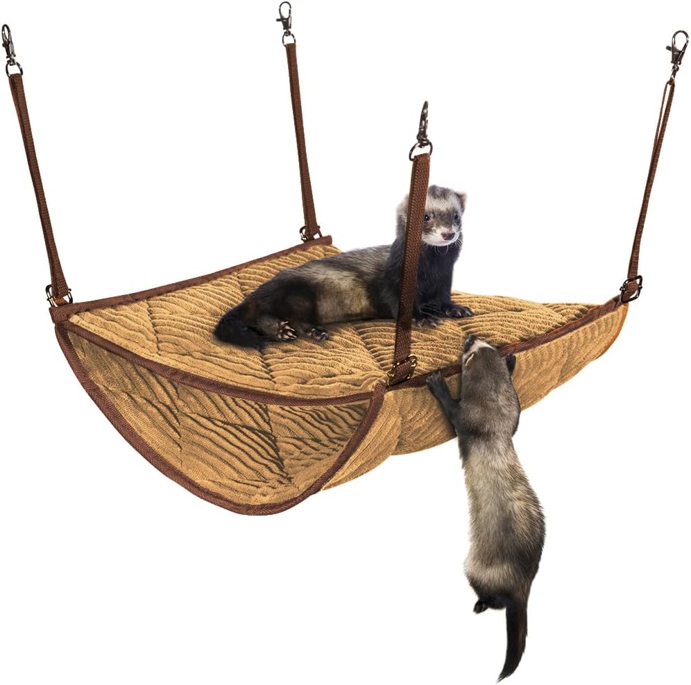 Ferret Hammock for Cage, Plush Double Bunk Bed Hanging Clips - Khaki
