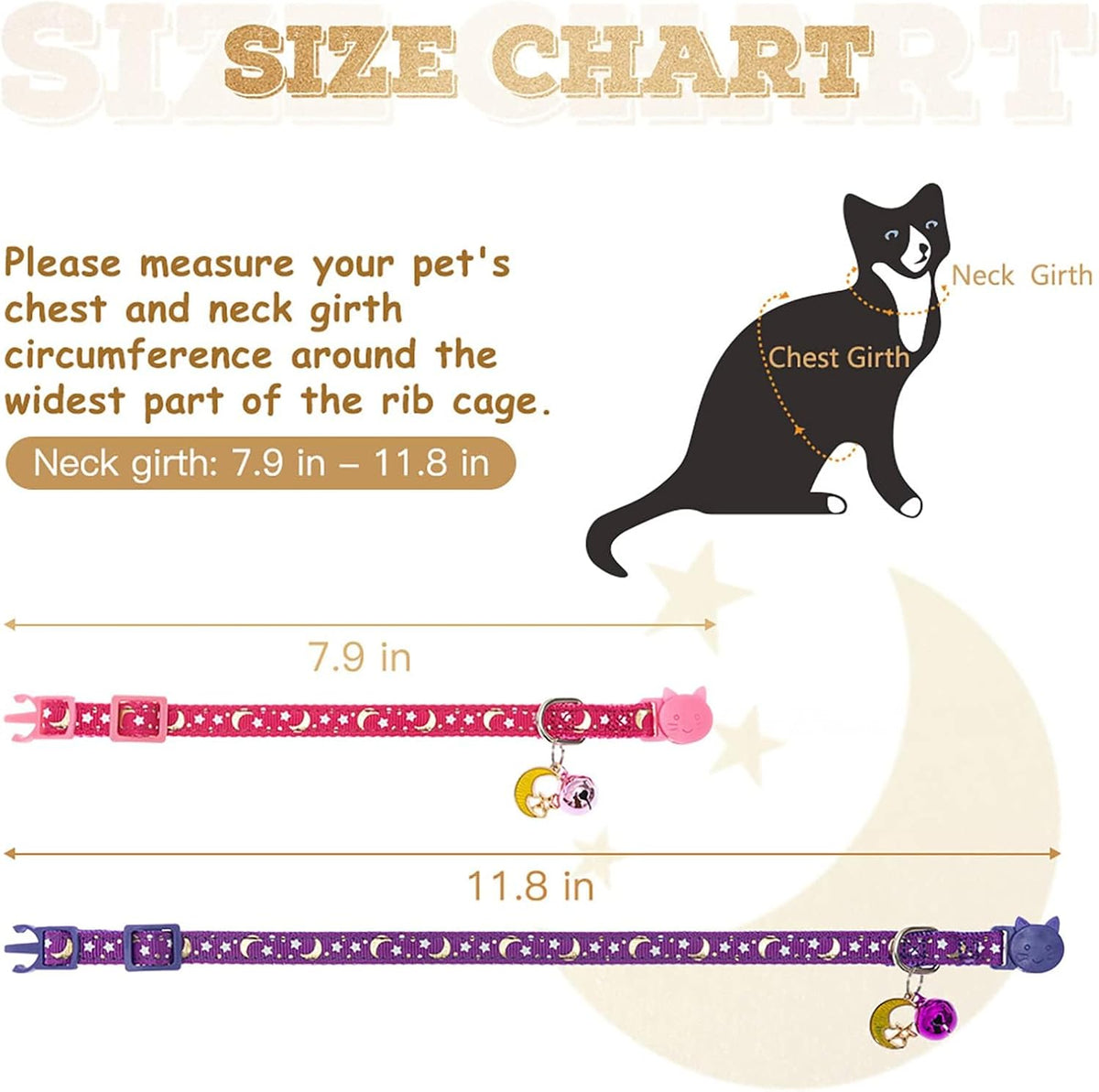 Halloween Cat Collar Breakaway with Bowtie and Bells - Star & Moon - image 2