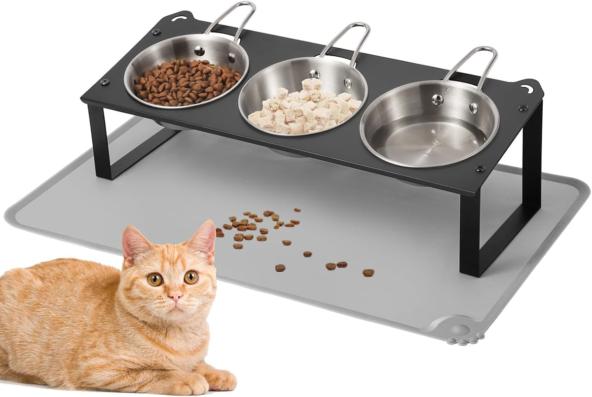 Elevated Cat Bowls with Food Mat - Black-3Bowls-Handles