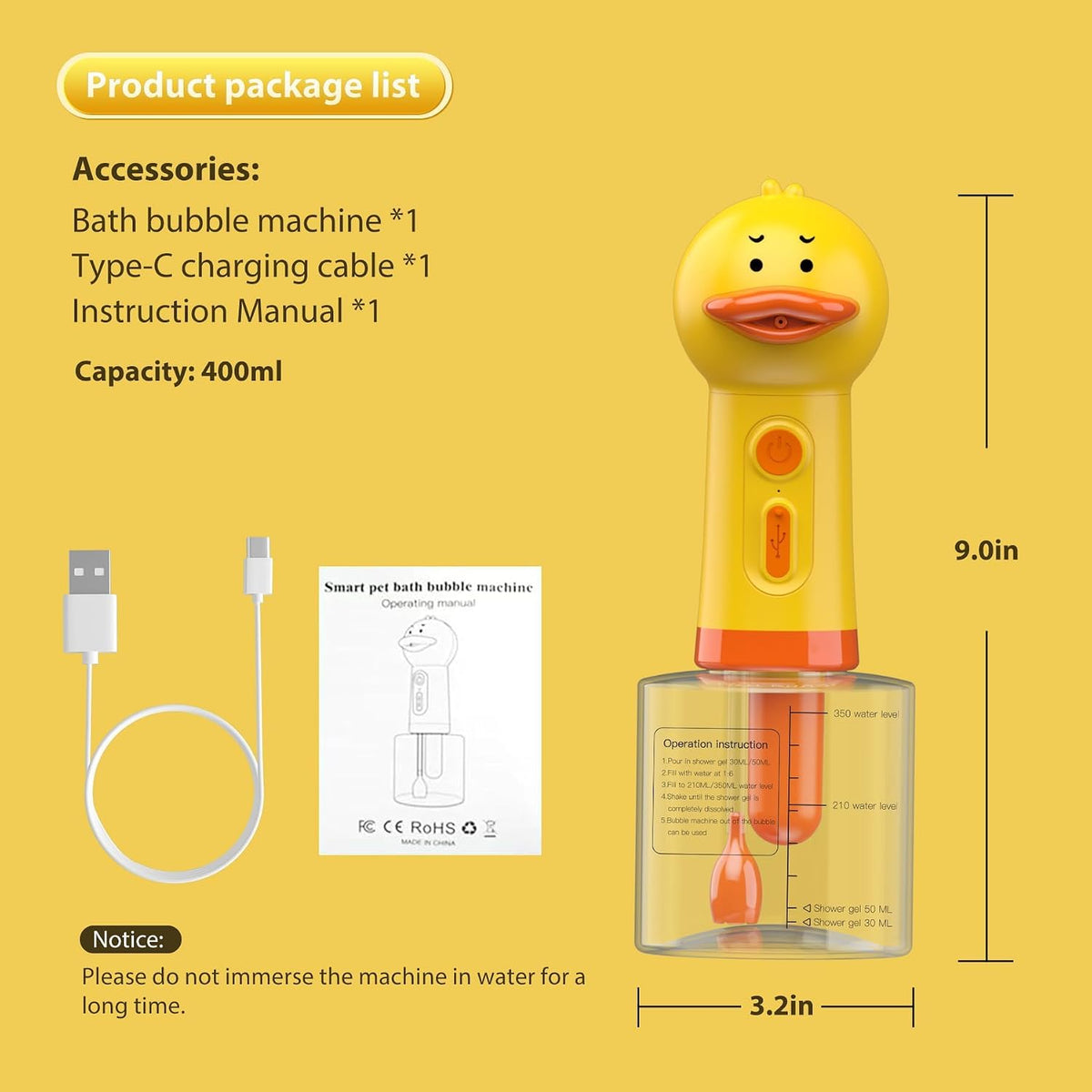 Electric Dog Shampoo Dispenser & Foam Sprayer - Yellow Duck - image 2