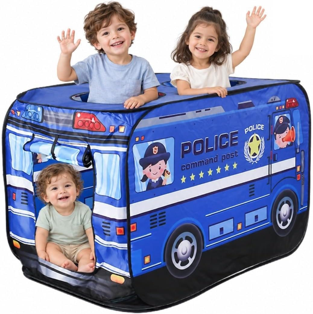 Cecailin fire truck pop up play tent for kids with roll-up door in red