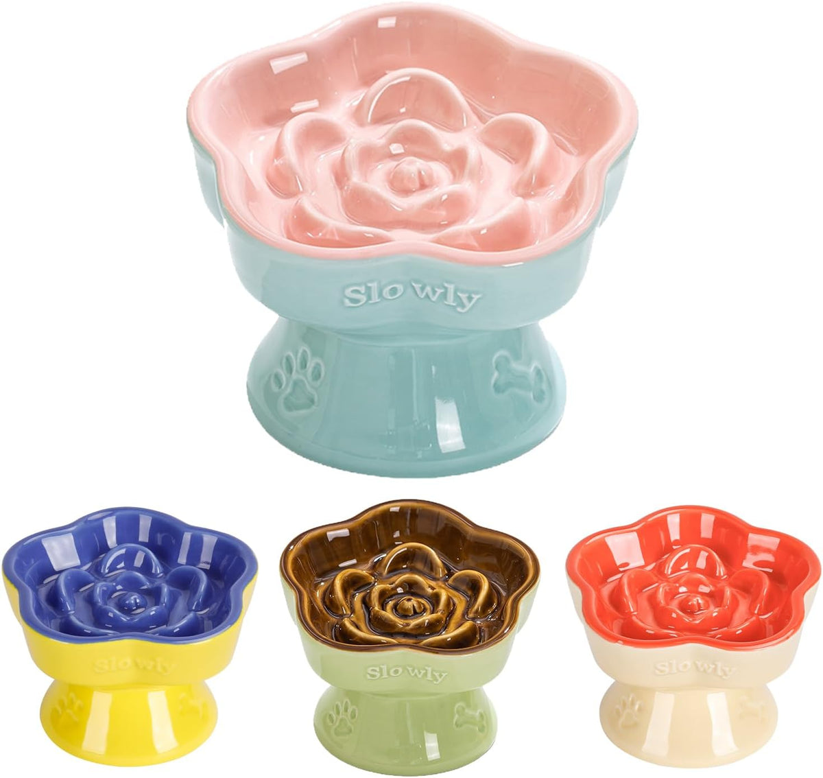 S&Q's CERAMICS Raised Slow Feeder Cat Bowl - 5.8" / Pink