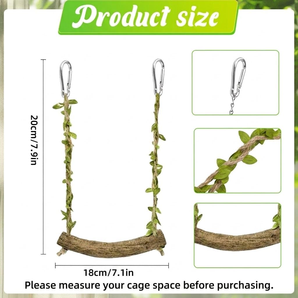 Natural Wood Bird Swing Perch with Decorative Leaves – Essentials for Birds - Green / Middle - image 2