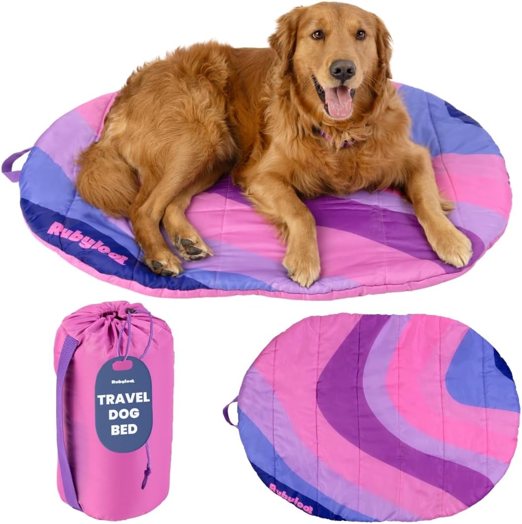 Travel Dog Bed, Foldable & Packable with Carry Bag, Black - Pink Horizon / Medium