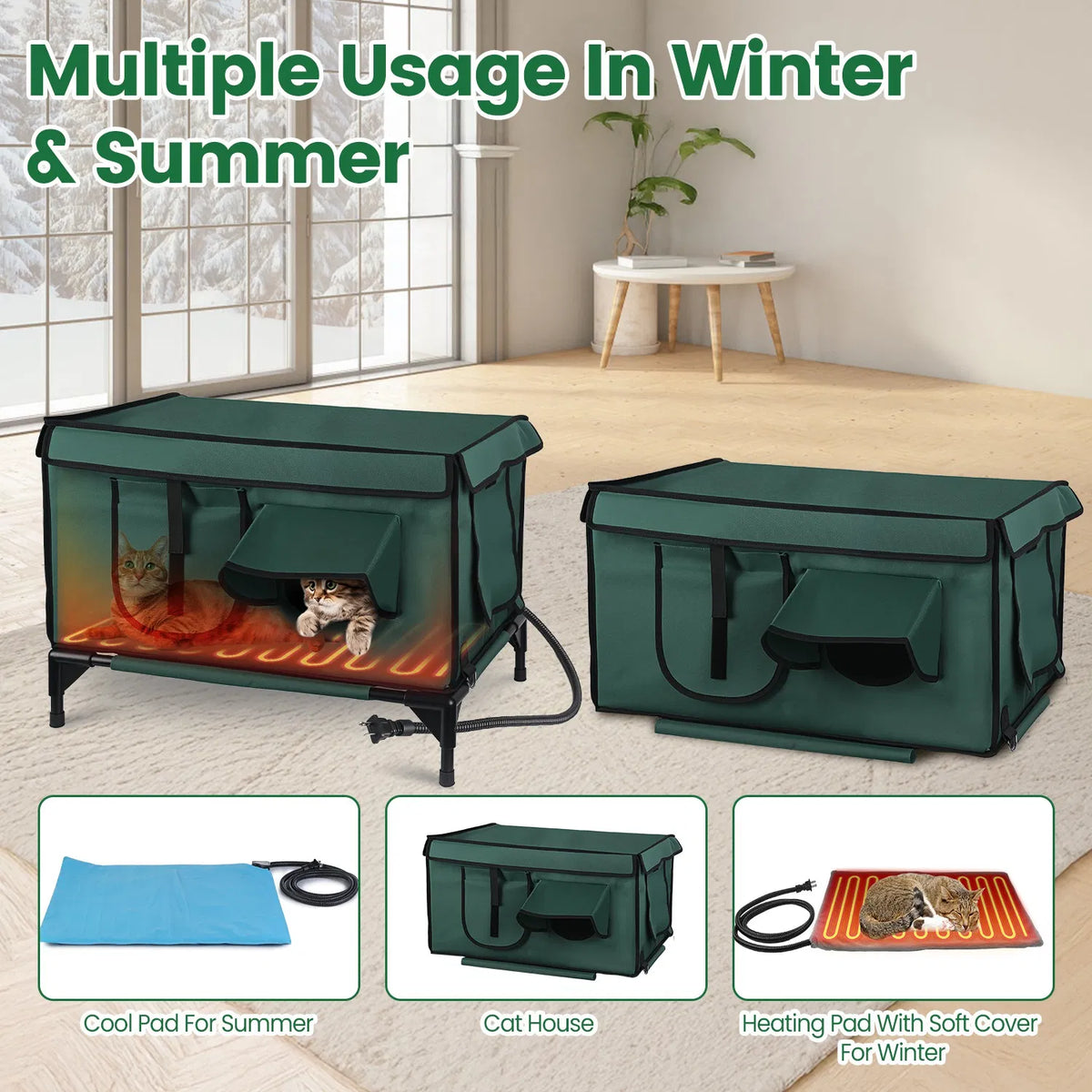 Waterproof Heated Cat House Outdoor Weatherproof Insulated Kitty Shelter Feral Cat Heating Bed with Heating Pad Anti-Che