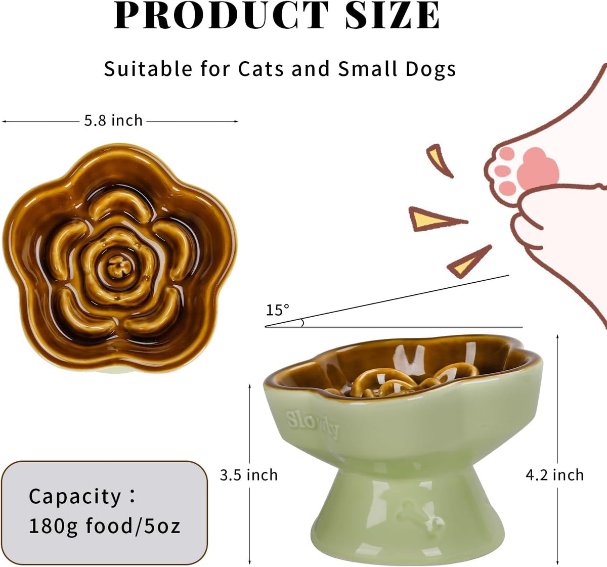 S&Q's CERAMICS Raised Slow Feeder Cat Bowl - 5.8" / Brown - image 2