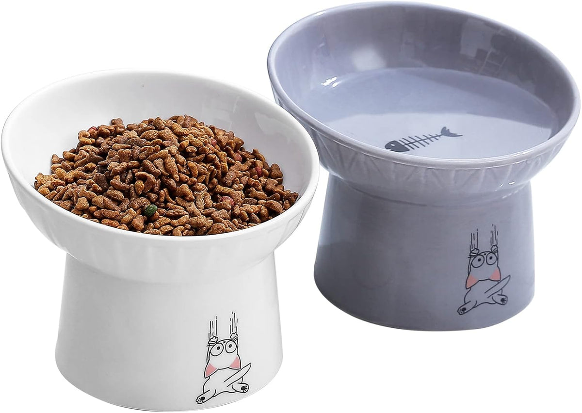 6.5 Inch Extra Wide Ceramic Raised Cat Bowl Set - White & Grey