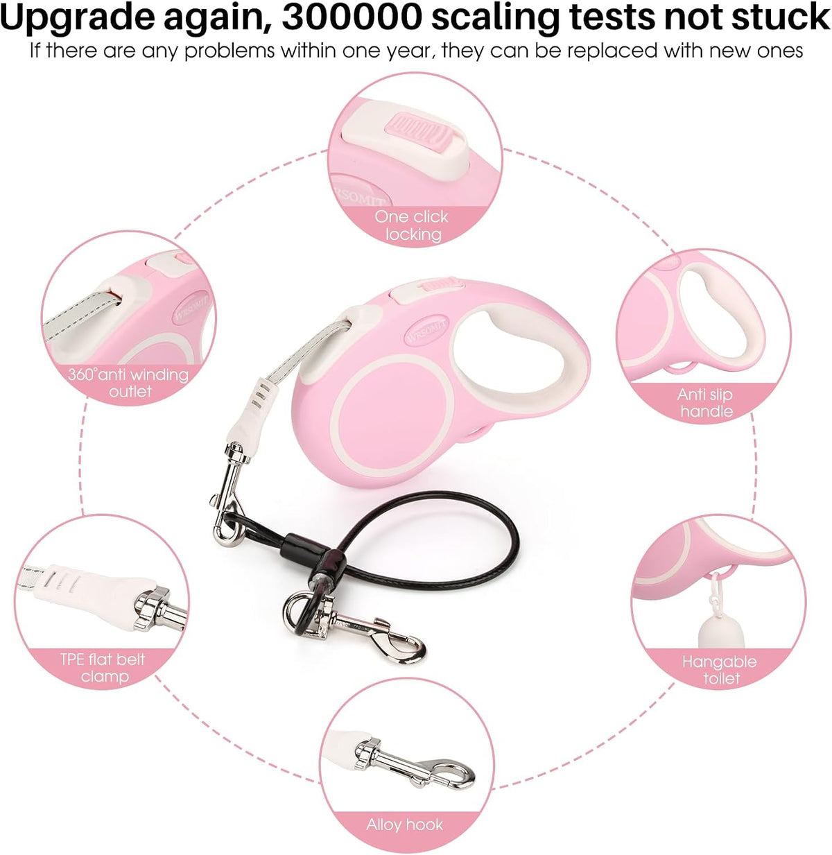 Upgraded 16 Ft Retractable Dog Leash with Chew Proof Cable, Pink - image 3