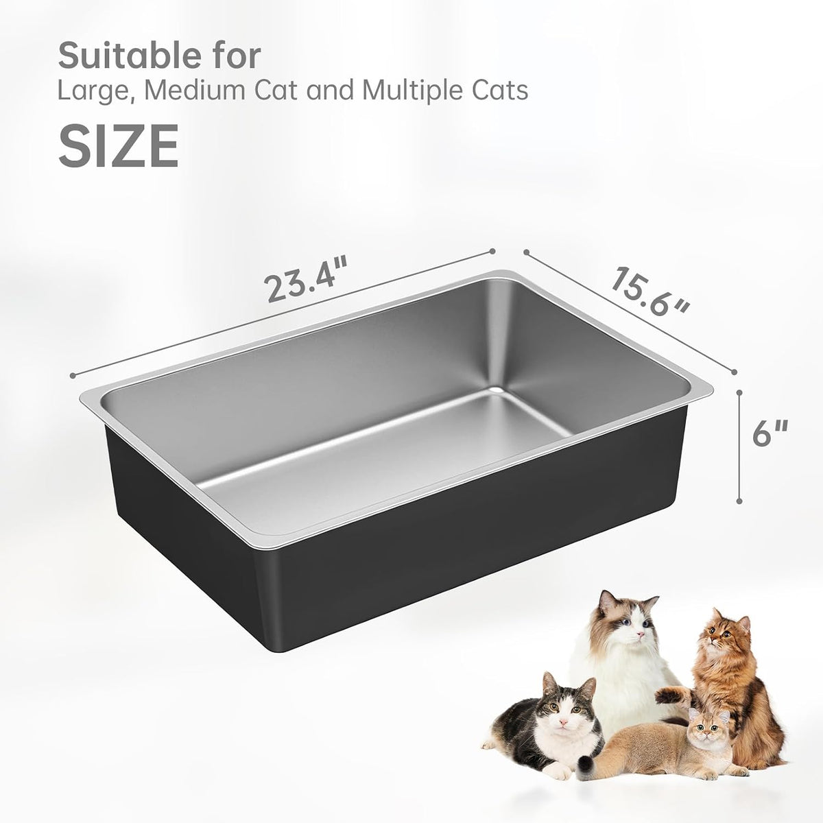 Ohtomber High Sided Stainless Steel Cat Litter Box – Daily Care for Cats - 23.4"L x 15.6"W x 6"H - image 2