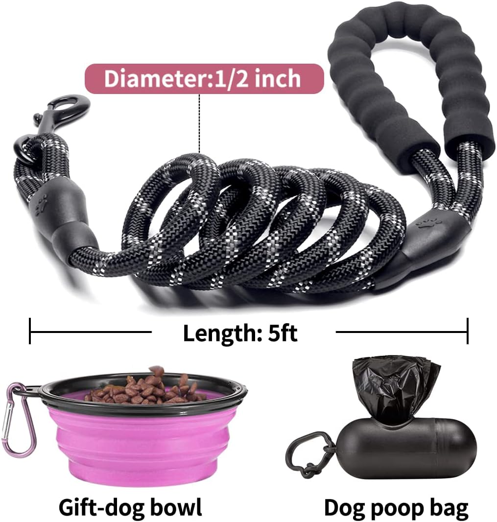 COOYOO 2 Pack Dog Leash 5 FT Heavy Duty - 1/2"x 5 FT (18~120 lbs.) / Set 1-Black+Pink - image 4