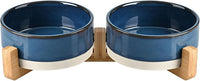 SPUNKYJUNKY Ceramic Dog and Cat Bowl Set with Wooden Stand, Modern Cute Weighted Food Water Bowl Set for Small Size Dogs (1.7 Cups, 2 × Pattern Blue)