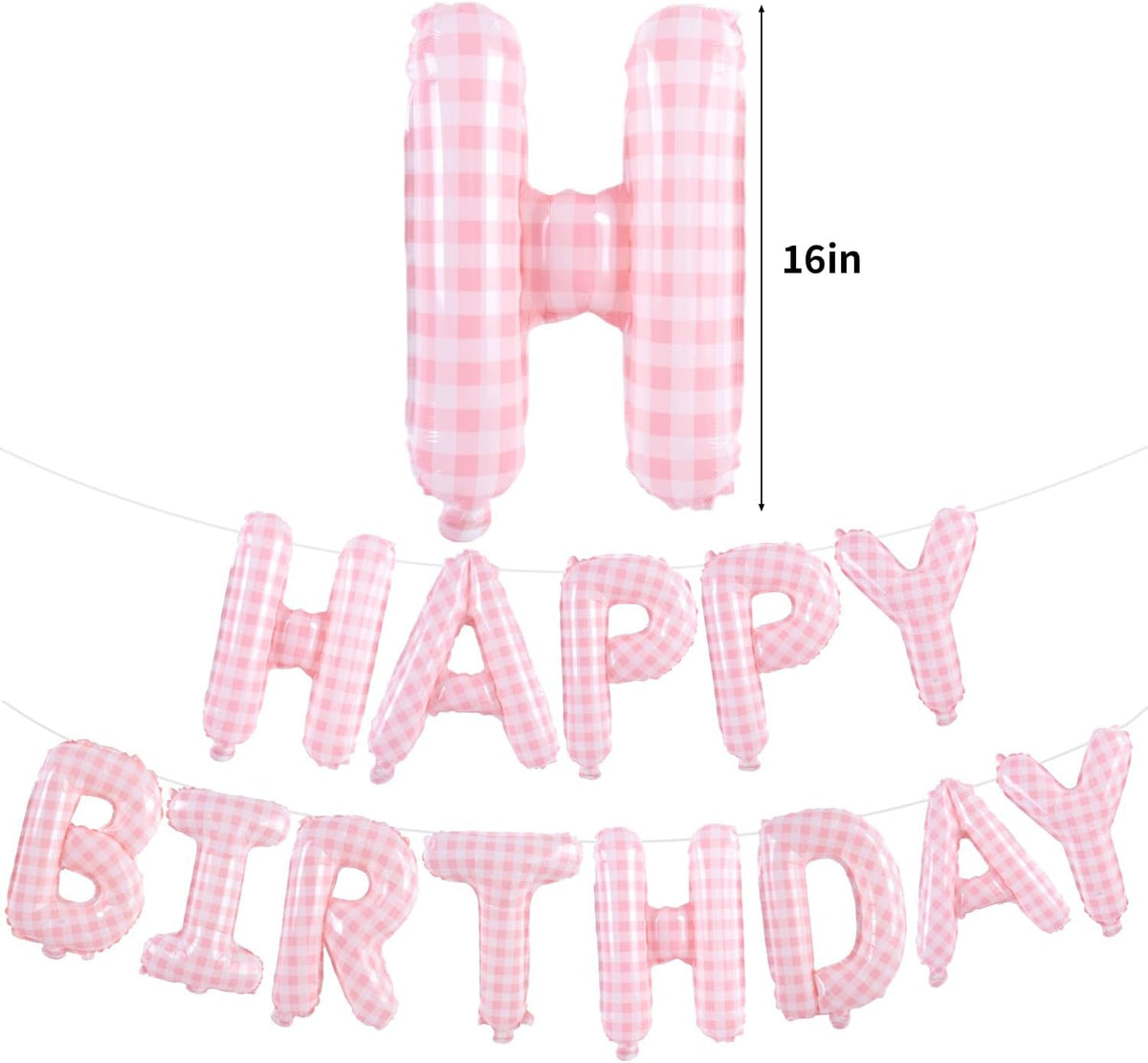 TONIFUL 16 Inch Black Happy Birthday Balloons Banner Decorations - Light Pink White Gingham - image 2