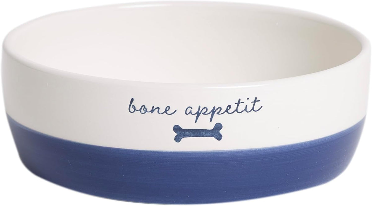 Pearhead Ceramic Dog Bowl, Woof Speckled Pet Food & Water Dish - Navy Bone Appetit Bowl / Small