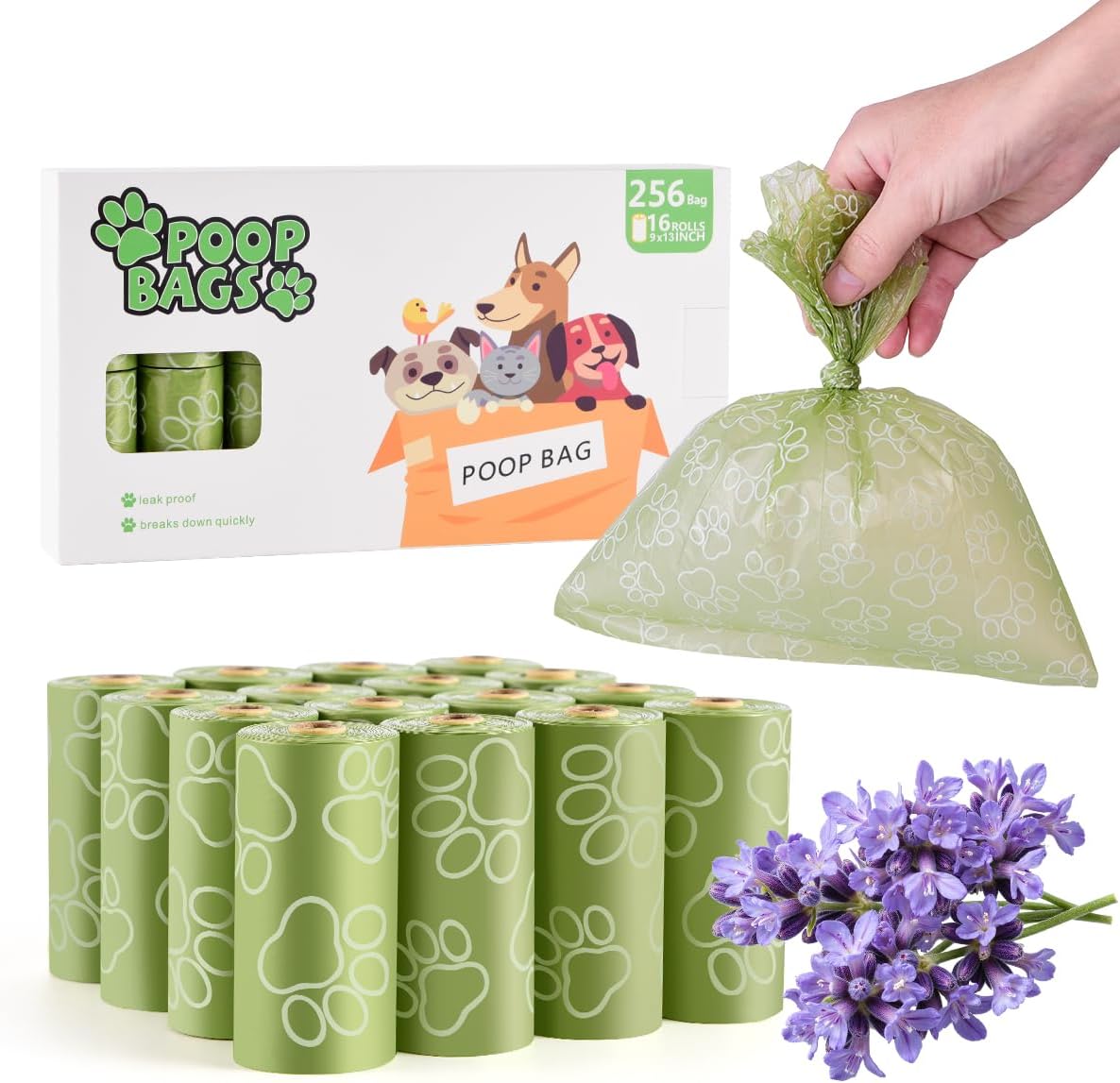Poop Bags Rolls 256 Count, Pet Waste Bags for Walking, Travel - green