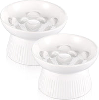 Layhit 2 Pack Raised Slow Feeder Cat Bowls Ceramic Elevated Cat Food - White