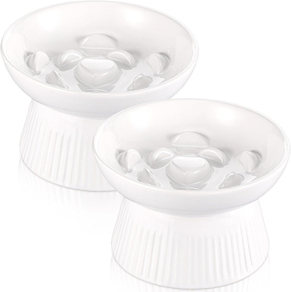 Layhit 2 Pack Raised Slow Feeder Cat Bowls Ceramic Elevated Cat Food - White