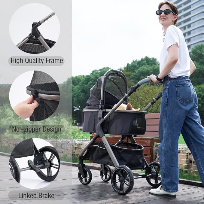 Pet Stroller for Small Medium Dogs, Cat Carriage Travel System Four Wheel Dog Stroller with Carrier, Zipperless Entry/Cup Holder/Storage Basket