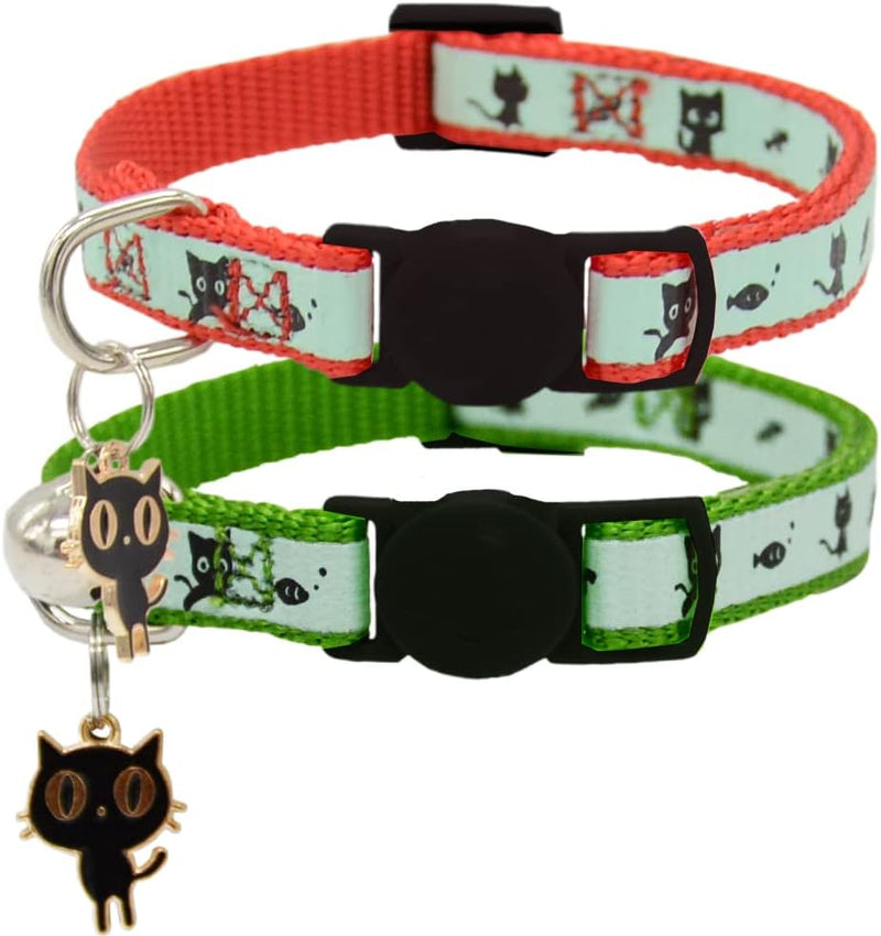 2 Pack Glow in The Dark Cat Collar with Bell Breakaway Safety Cat - Red & Green / Cat & Fish
