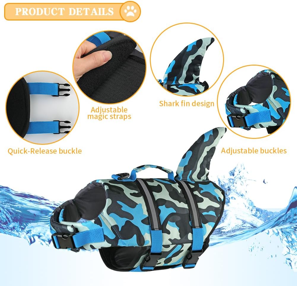 Doglay Dog Life Vest, Ripstop Shark Life Jacket - Large / Blue Camouflage-Shark - image 3