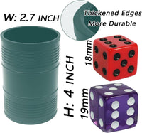Six Senses Media dice stacking cup set with green cup, purple 19 mm dice, red 18 mm dice and storage - view 2