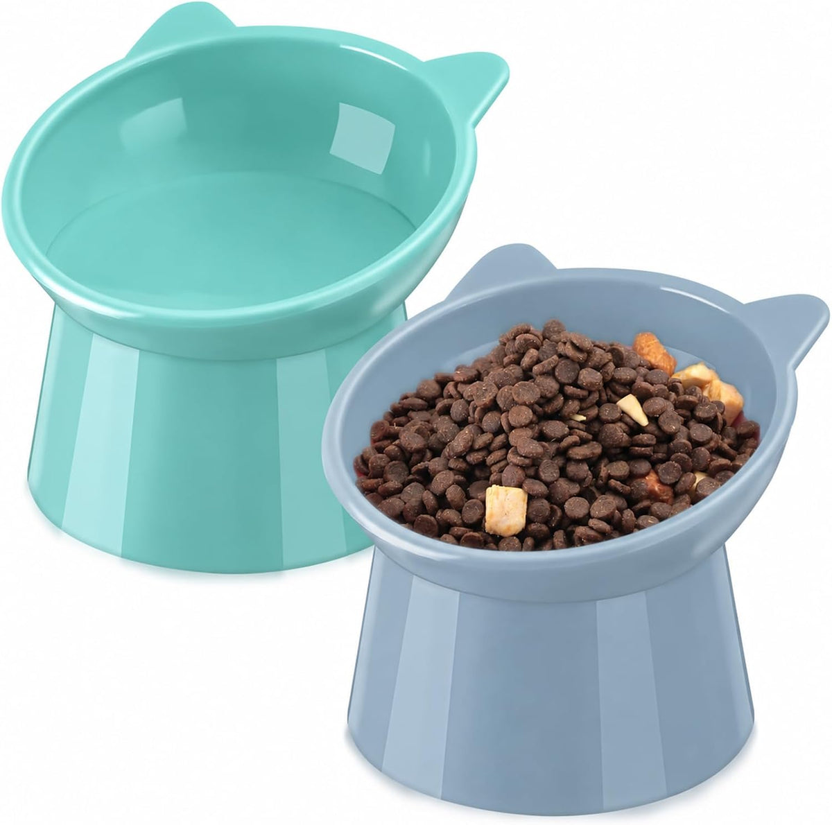 Zhehao 2 Pcs Elevated Cat Bowl Set, Tilted 15° - Cat Ears / Light Green, Blue
