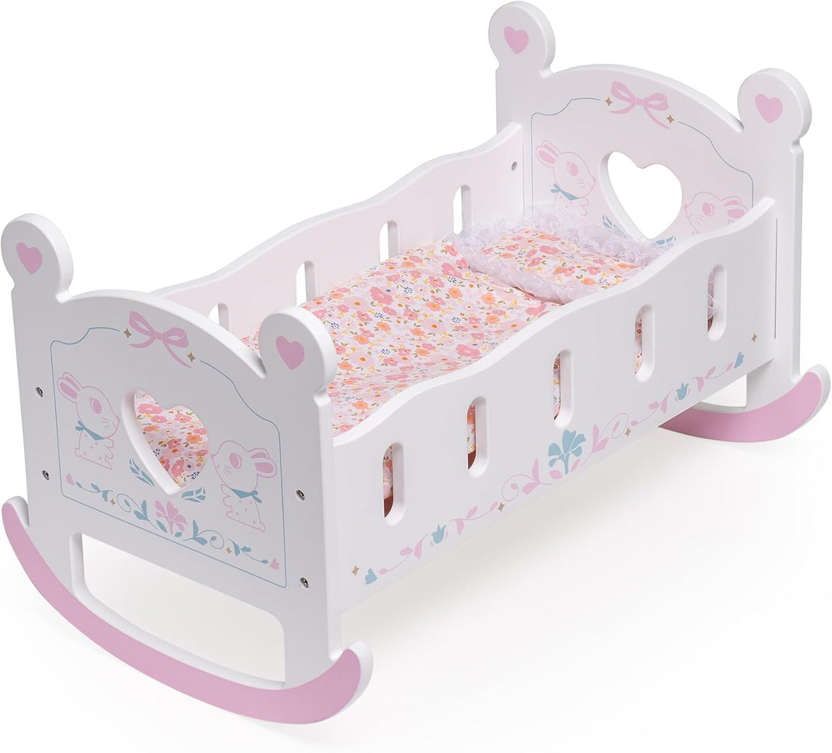 ROBUD wooden play high chair for dolls with feeding tray and bow print cushions