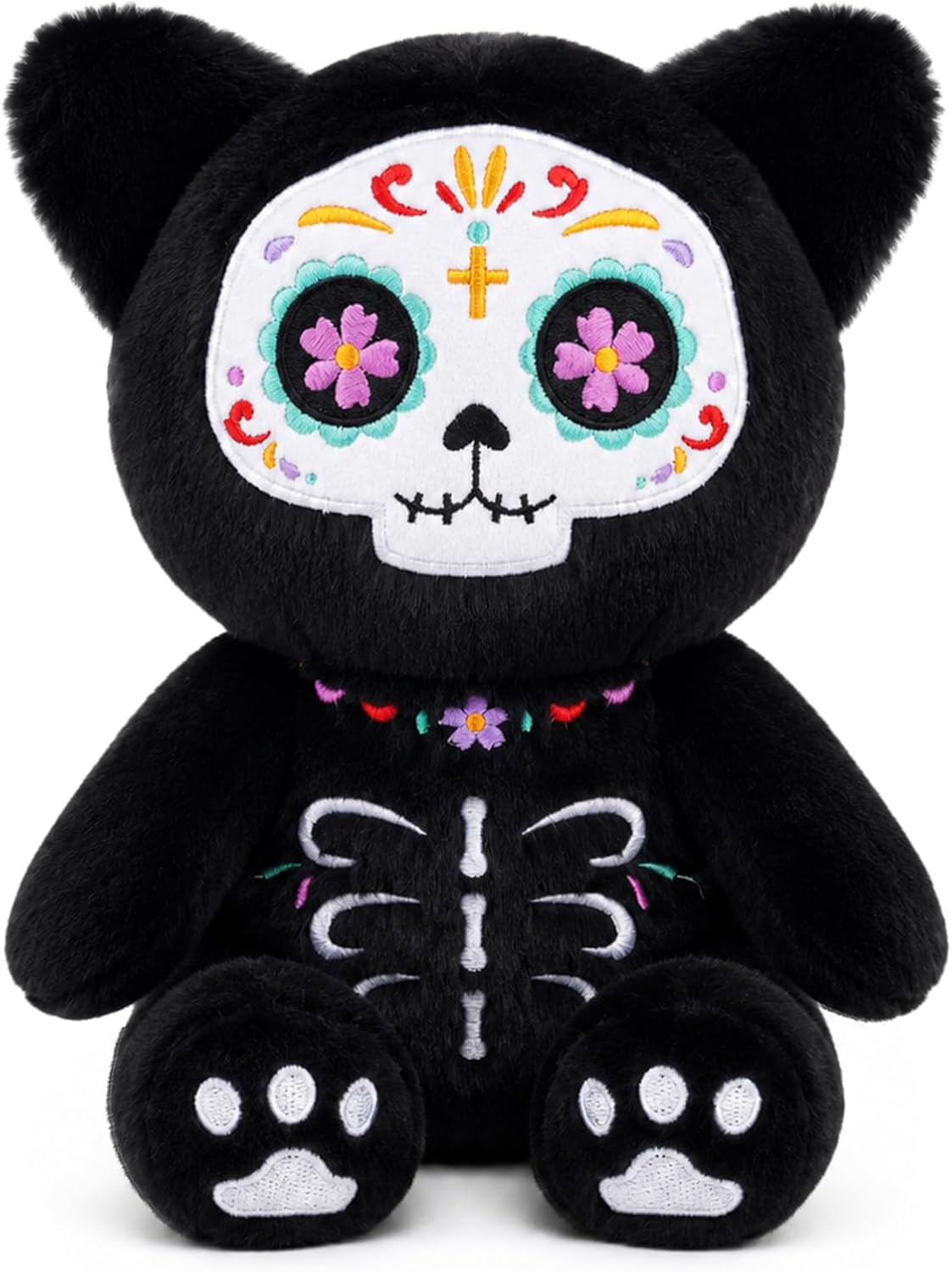 MUFEIRUO Halloween black cat plush holding pumpkin bag, wearing orange witch hat - view 9