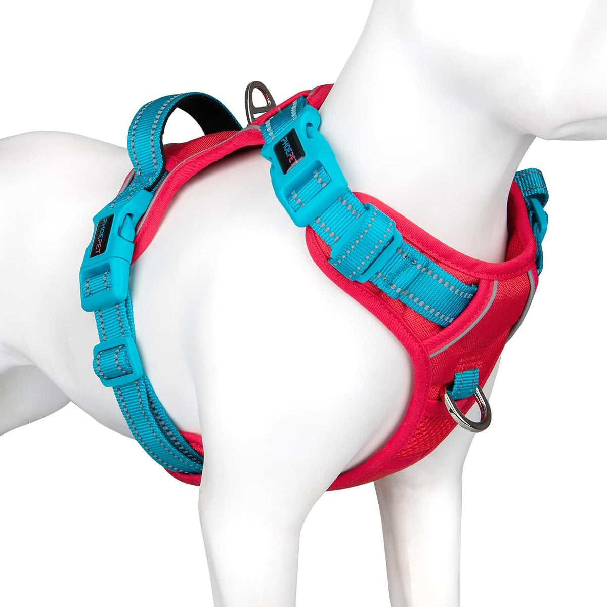 PHOEPET Upgraded No Pull Dog Harness, Reflective Adjustable Vest – Essentials for Dogs - Red Base & Teal Straps / Extra Small