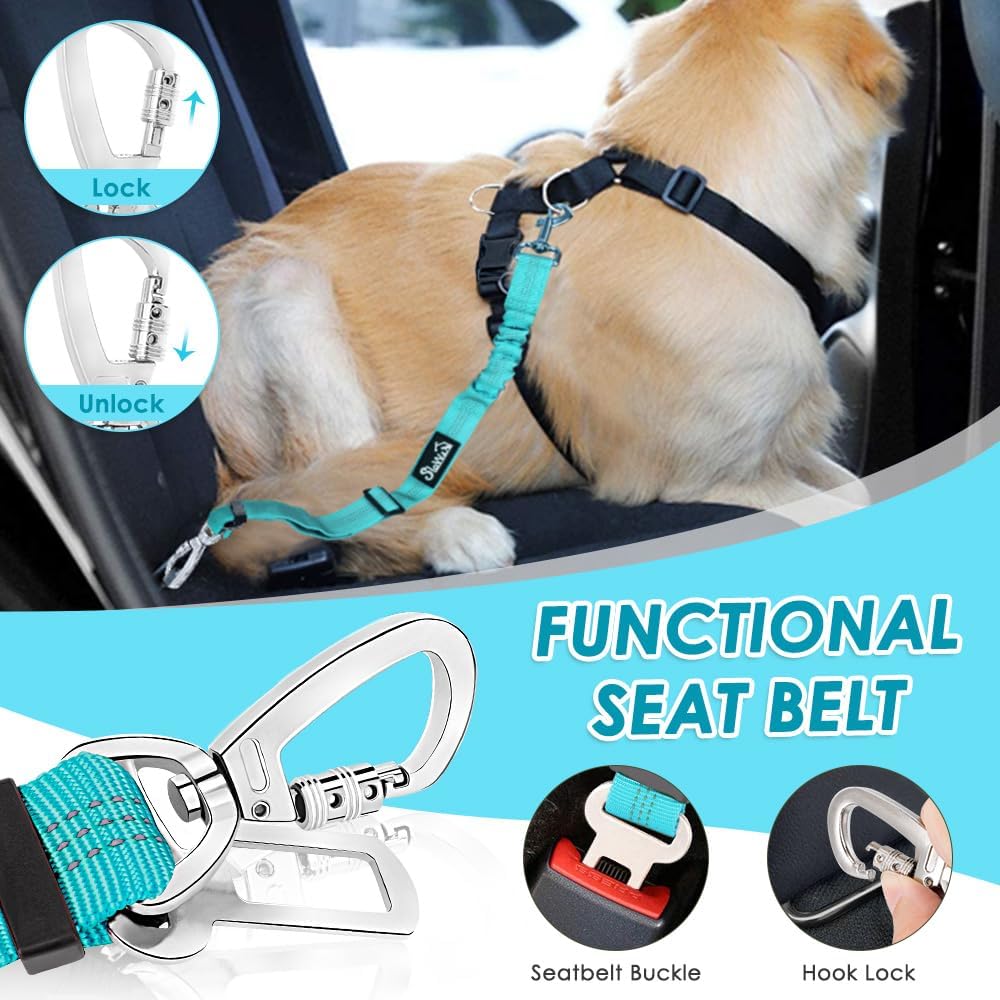 SlowTon Dog Seatbelt, 2 Pack Adjustable Heavy Duty Dog Safety Seat Belt – Essentials for Dogs - Light Blue / Seatbelt Clip + Carabiner - image 3