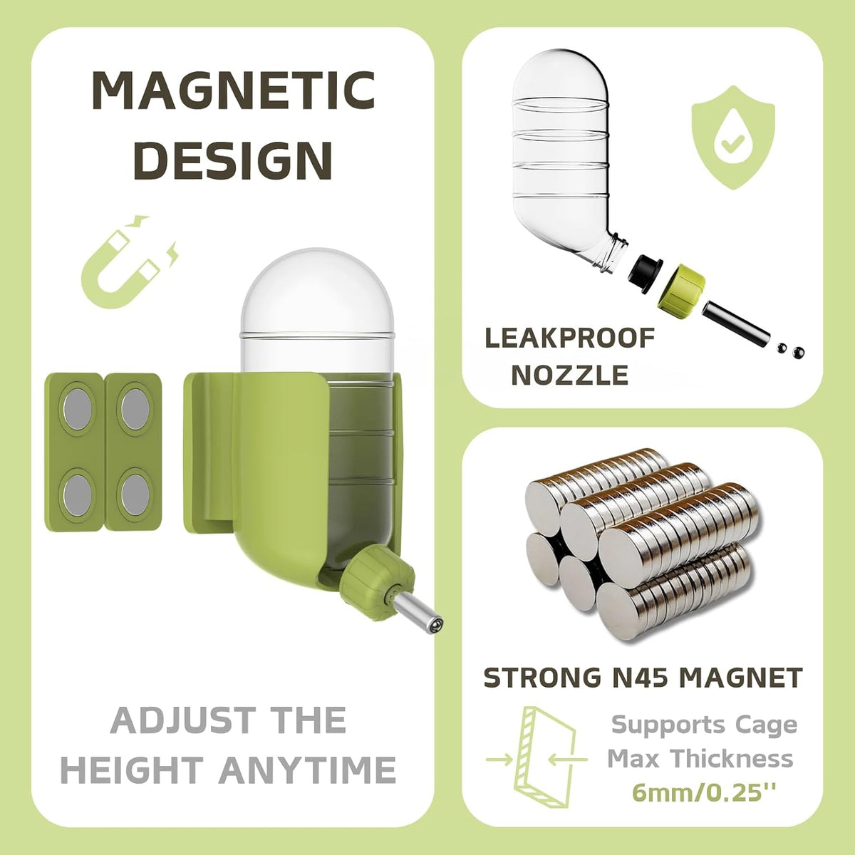 Hamster Water Bottle with Magnetic Holder - Green / 7 oz (Magnetic-Mounted) - image 2