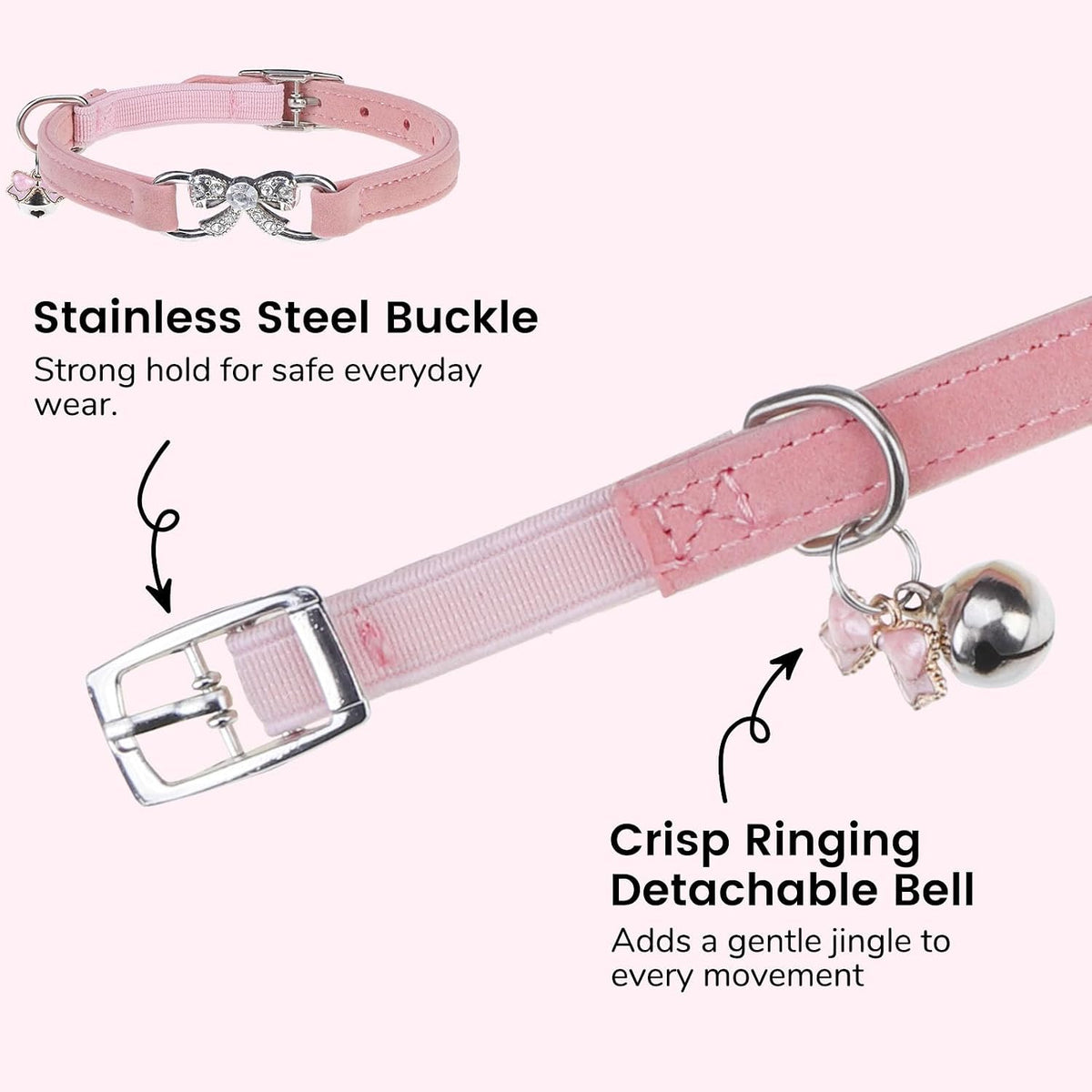 BINGPET Diamond Cat Collar with Bell, Adjustable Kitten Collar - Pink(Bowknot) / Neck Girth 8"-10" - image 4