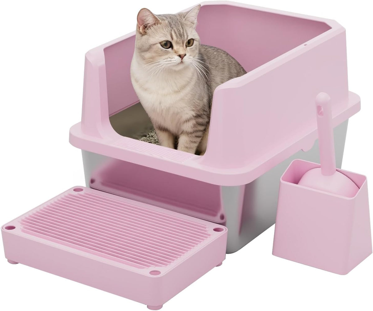 RIZZARI Stainless Steel Litter Box: High Sides for Kittens & Small - Pink
