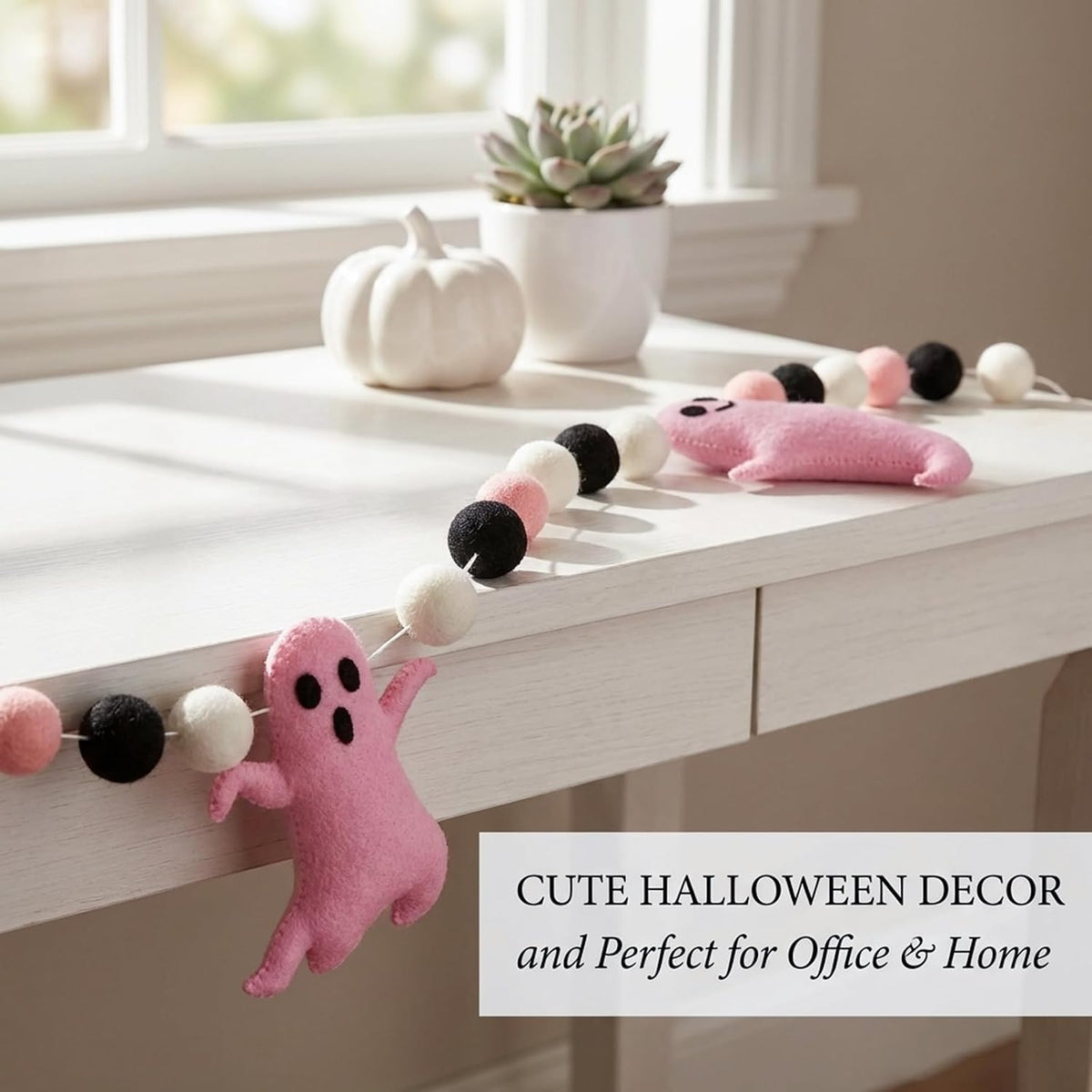 Whaline Halloween ghost felt banner with white ghosts in different expressions and black and orange  - view 5
