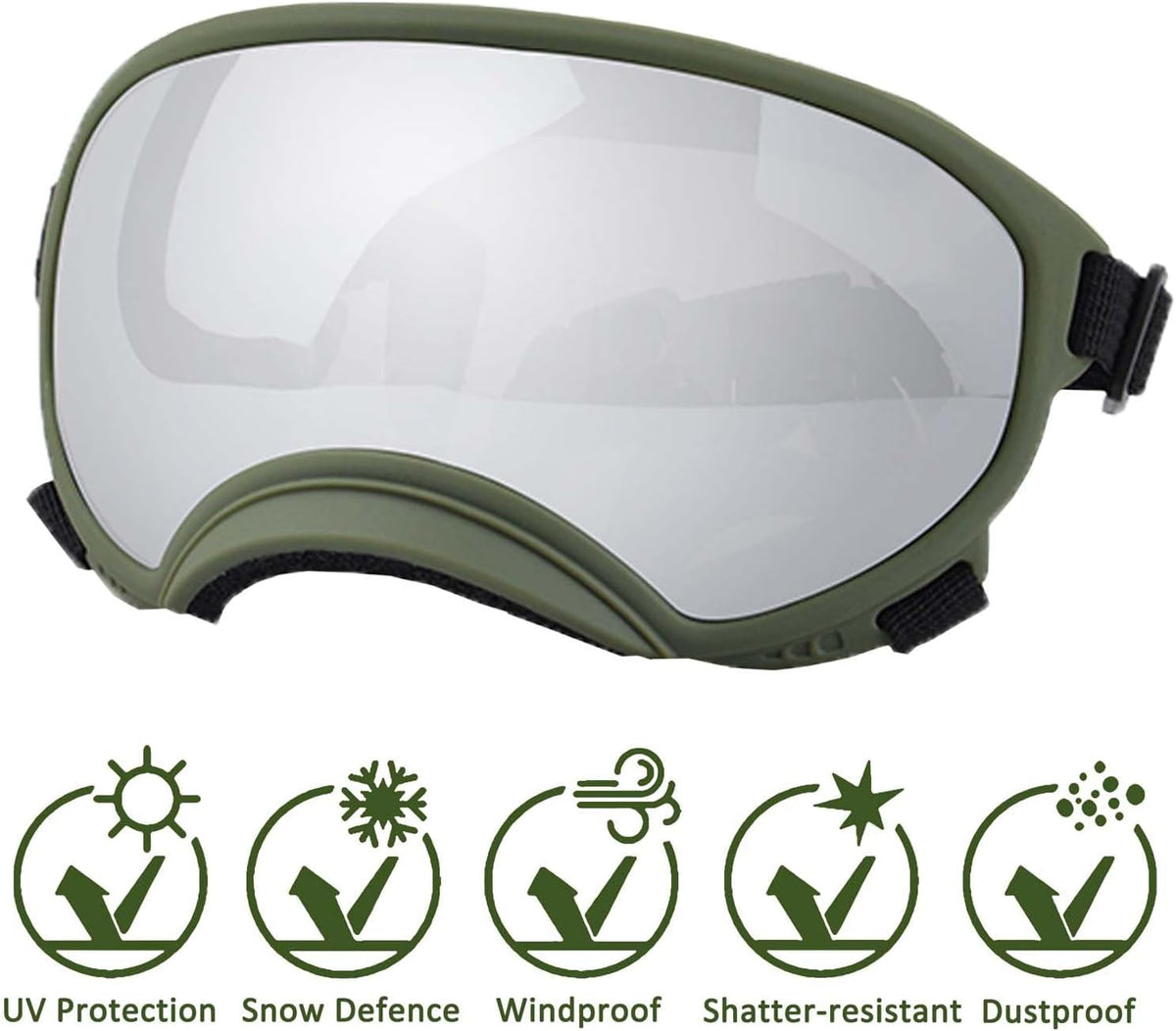 Medium Dog Sunglasses with Adjustable Strap UV Protection - Medium size-Army green frame silver lenses - image 2