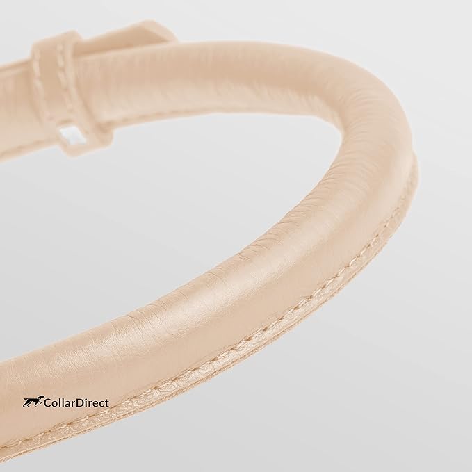 CollarDirect Rolled Leather Dog Collar, Soft Padded Round Puppy Collar, Handmade Genuine Leather Collar Dog Small Large Cat Collars 13 Colors (15-19 Inch, Beige Textured)