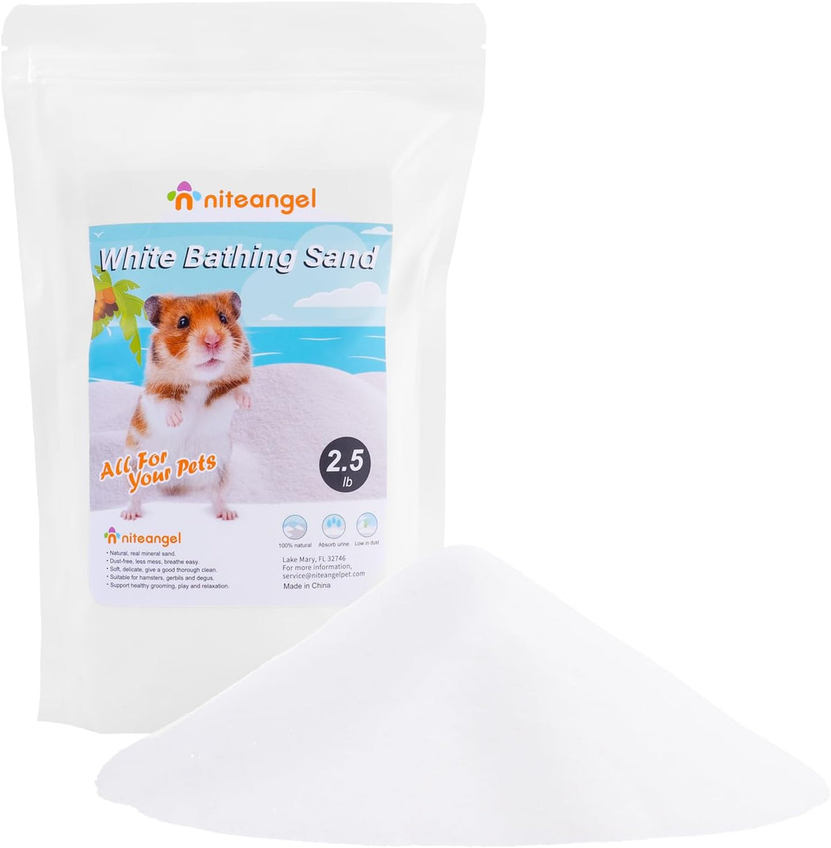 Niteangel Hamster Desert Bath Sand: 2.5lb/40oz No-Dust Bath & Easy - 2.5LB/40oz / White Sand