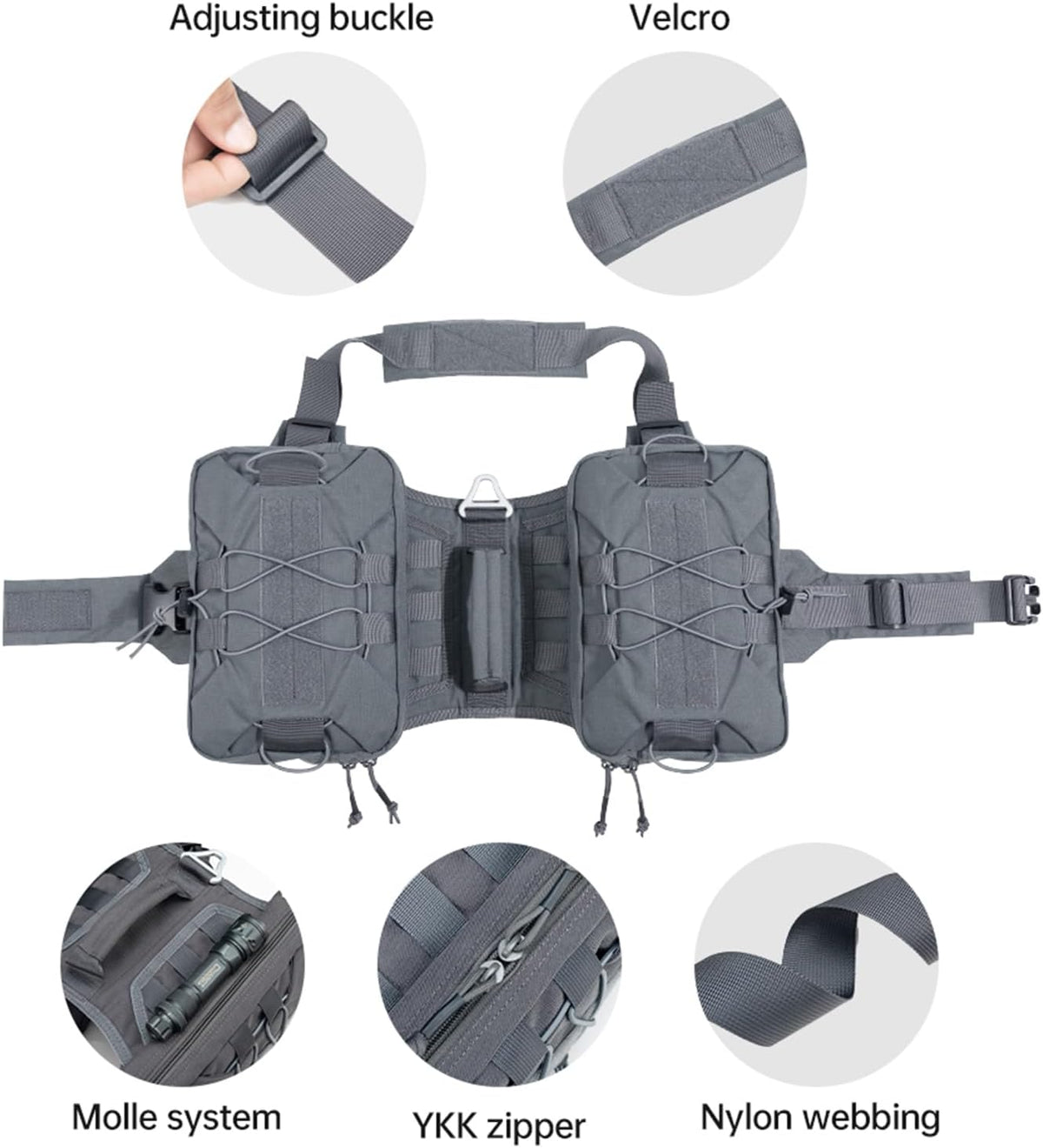 EXCELLENT ELITE SPANKER Nylon Dog Backpack with 2 Side Pockets - Grey / M-Chest 25.6-30" - image 3